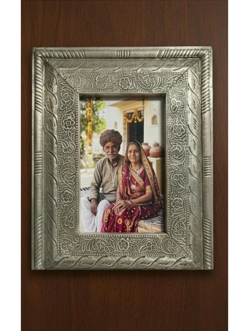Vintage Indian Repousse Metal Picture Frame Hand Hammered  Boho 9 x 7